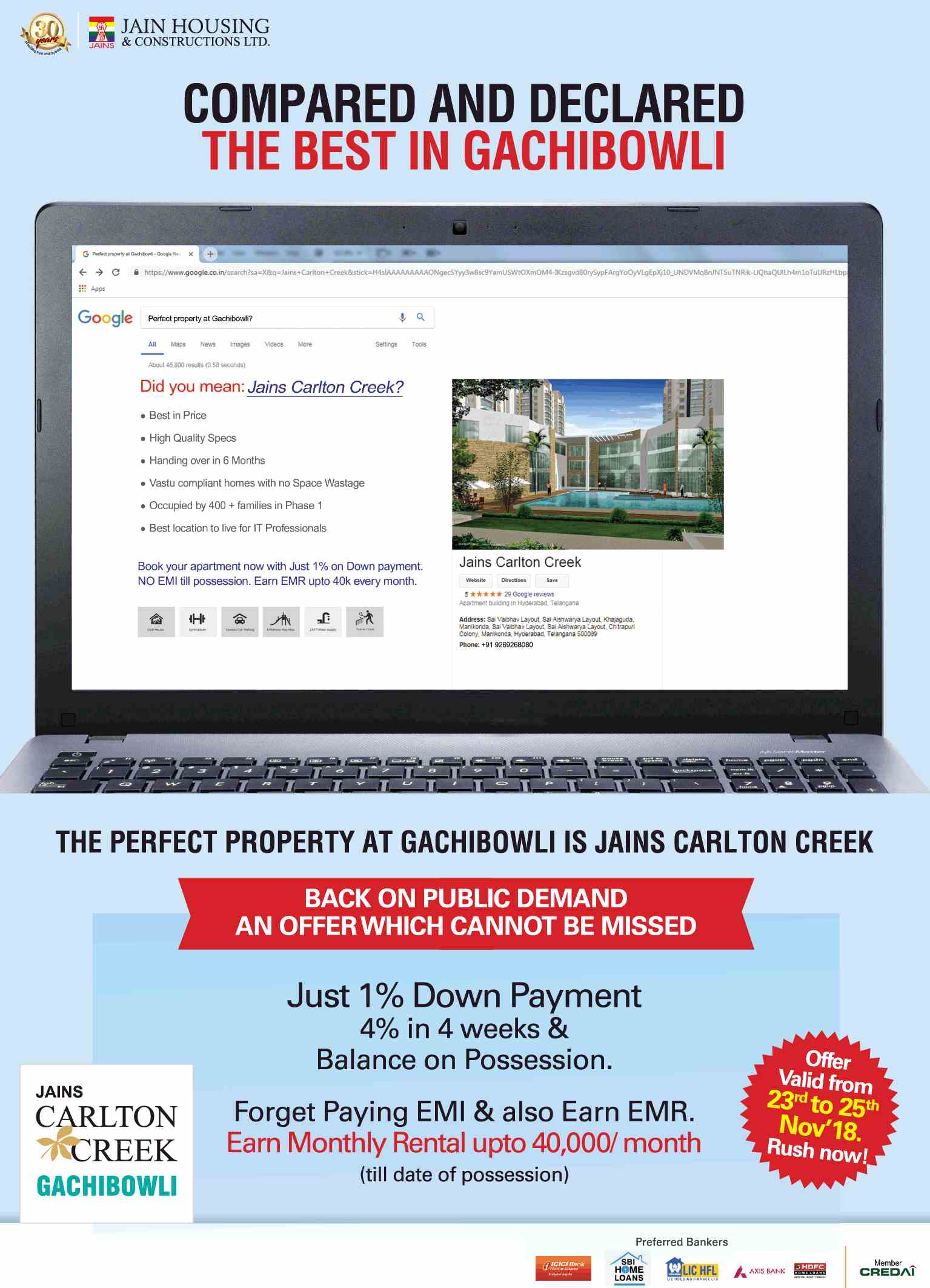 Just 1% down payment and balance on possession at Jains Carlton Creek in Hyderabad Update